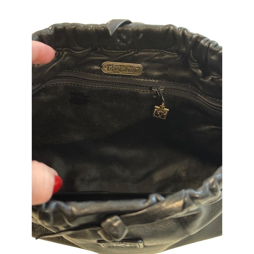 Vintage ANNE KLEIN by Calderon Black Leather Handbag Clutch Gathered Snap Top - Picture 4 of 9